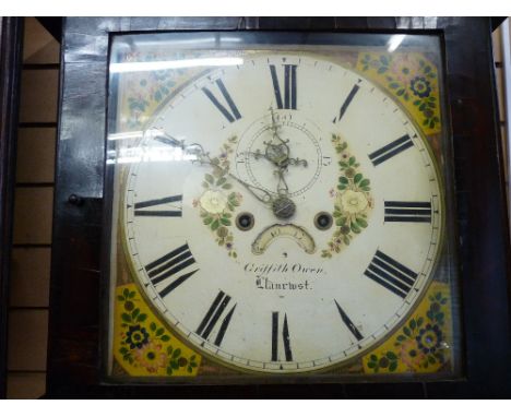 A MID 19th CENTURY OAK LONGCASE CLOCK having a square hood with turned Corinthian pillars, painted dial with eight day moveme