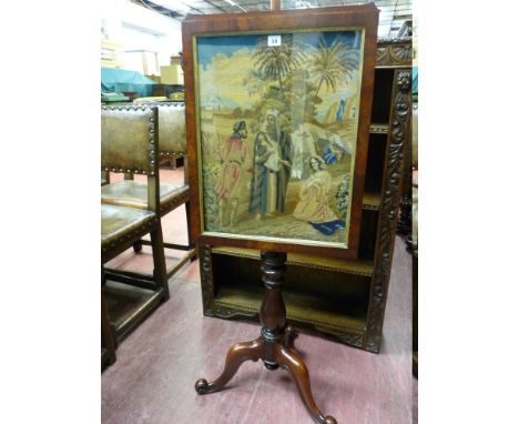 A VICTORIAN MAHOGANY TAPESTRY POLESCREEN with turned centre pedestal on tripod and scrolled supports