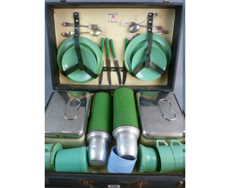 A VINTAGE HARLEQUIN PICNIC CASE with contents