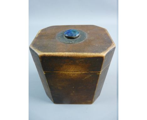 A 19th CENTURY TEA CADDY with cabochon enamel top decoration, 13.5 cms high