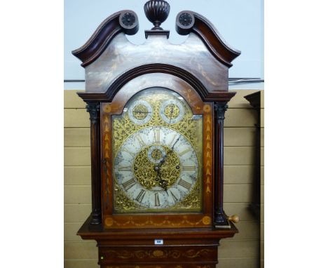 A VERY HANDSOME LATE 19th CENTURY MAHOGANY AND INLAID LONGCASE CLOCK, the heavily gilt and silvered arched dial having raised