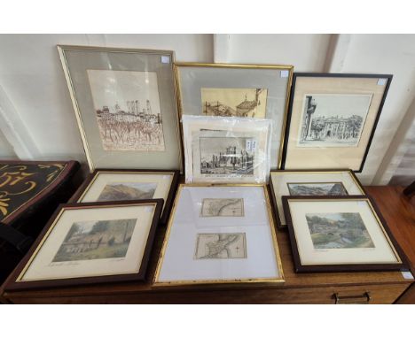 A signed E.J Rogers etching, The Front Square, T.C.D., signed Sue Firth prints, map, etc. 