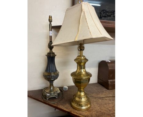 A large brass and enamel table lamp 