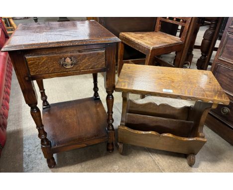 An 18th Century oak single drawer lamp table and a magazine rack 