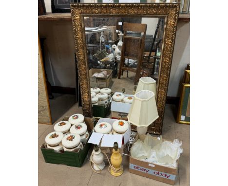 Six glass light shades, a large gilt framed mirror and seven Staffordshire storage jars and three Onyx table lamps 