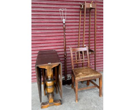 A beech standard lamp, a chair, oak coat stand and an oak drop leaf table 