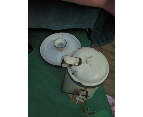 Enamel lidded milk can and an enamel candle holder