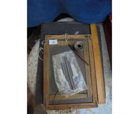 2 framed chalk boards and another larger, ruler, inkwell etc.