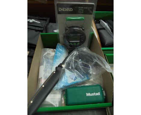 Box of ancillaries incl, flapper rigs, clips, fish gloves, dagger in sheath, hook and knife hone, rig-jig, Mustad rig box, se