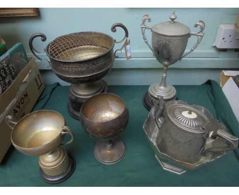 Early 20th century double handled plated rose bowl and another dated 1959 and 3 further plated trophies and a plated teapot w