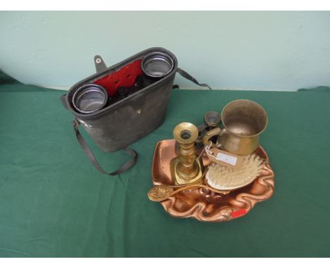 Pair of binoculars, pr. opera glasses, copper crumb tray, brass candlestick etc