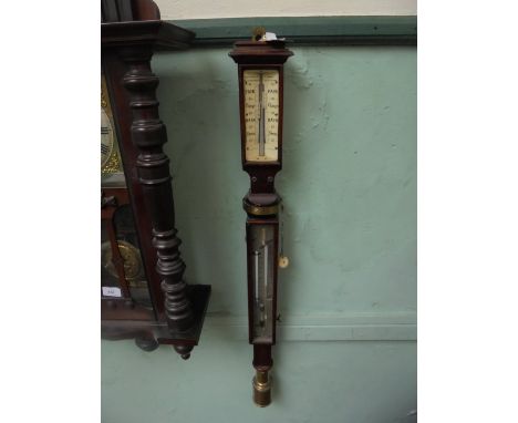 MAHOGANY AND BRASS STICK BAROMETER EX. DOBBIE McINNES LTD OF GREENOCK, DOUBLE DIAL