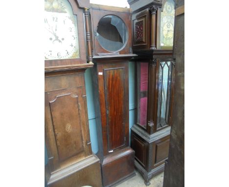 Mahogany long cased grandfather clock carcass, with loose circular enamel dial and part workings
