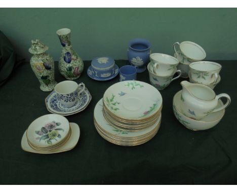 Selection of mixed bone china  incl. part Royal Dawn Kingfisher patterned 6 piece tea service, light blue Wedgwood dressing t