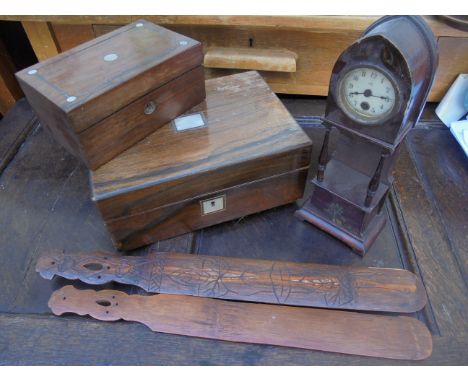 Small inlaid rosewood jewellery box, another small cased mantel clock rulers etc (5)