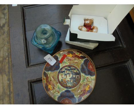 Pair small oriental plates, blue glass inkwell and a boxed Tudor Mint memento of a Teddy bear