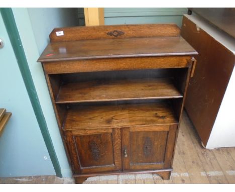 Oak 2 shelf free standing cabinet with base cupboard and pear drop handle on bracket feet