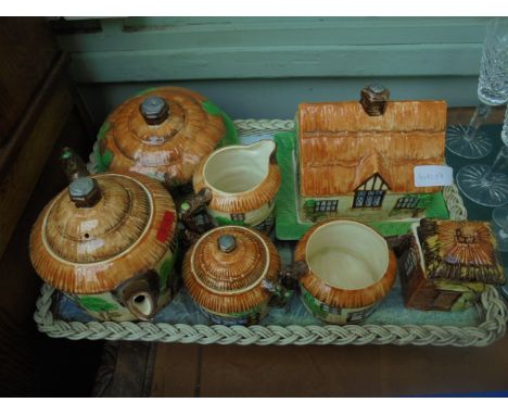 Fine Beswick cottage ware set of 6 pieces incl. lidded cheese dish, teapot and accessories and cake stand 