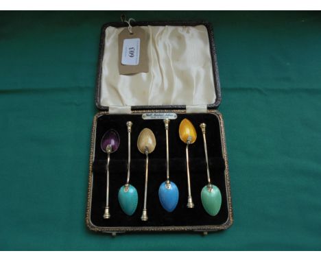 Cased set of 6 silver and coloured enamel coffee spoons (Birmingham 1950)