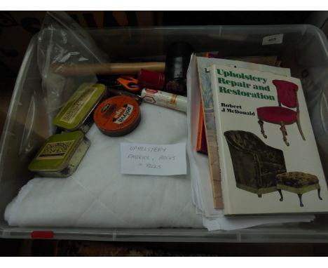 Box of upholstery items, fabrics, instruction books, tools and accessories