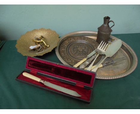 Magpie lot including a pair of early plated fish servers, brass fruit bowl, scales, whishbone spurs, misc. cutlery, boxed inc