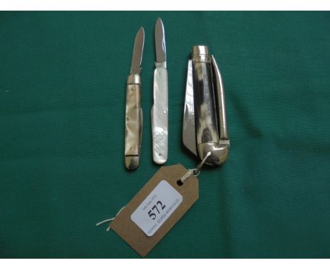 Mottled cased plated Scout knife and 2 mother of pearl handled fruit/pocket knives