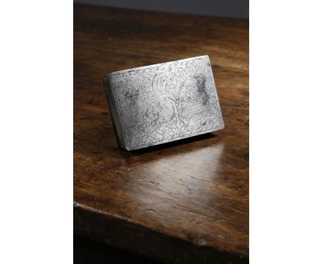 A RARE 17TH CENTURY STEEL SNUFF BOX C.1670-80 the hinged lid finely engraved with a leopard, a mythical beast and a bird amid