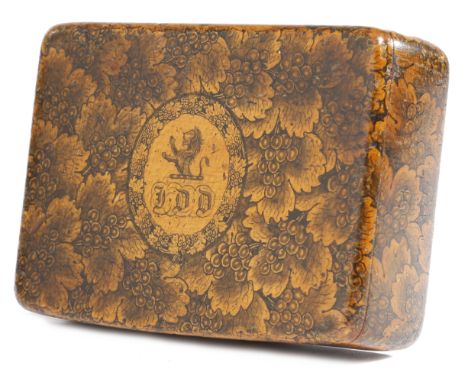 A SCOTTISH SYCAMORE MAUCHLINE WARE AND PENWORK SNUFF BOX EARLY 19TH CENTURY all over decorated with a grapevine, the hinged l