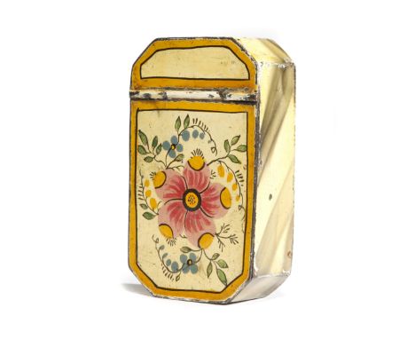 AN AMERICAN PAINTED TOLE FOLK ART SNUFF BOX EARLY 19TH CENTURY the hinged lid decorated with brightly painted flowers and lea