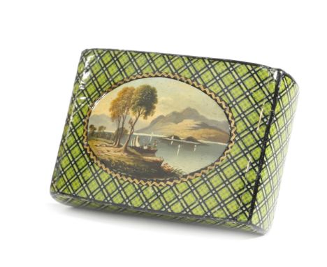 A 19TH CENTURY SCOTTISH SYCAMORE MAUCHLINE WARE TARTAN SNUFF BOX C.1850-60 of curved form, the hinged lid with an oval panel 