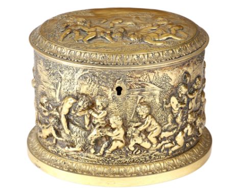 A VICTORIAN BRASS OVAL TEA CADDY PROBABLY BY HARCOURT &amp; ALLEN, MID-19TH CENTURY repousse decorated with panels of Bacchan