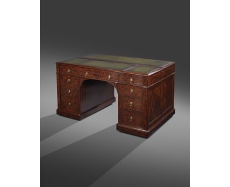 A FINE 19TH CENTURY FIDDLEBACK MAHOGANY TWIN PEDESTAL PARTNER'S DESK BY GILLOWS C.1860 the rectangular top with a moulded edg