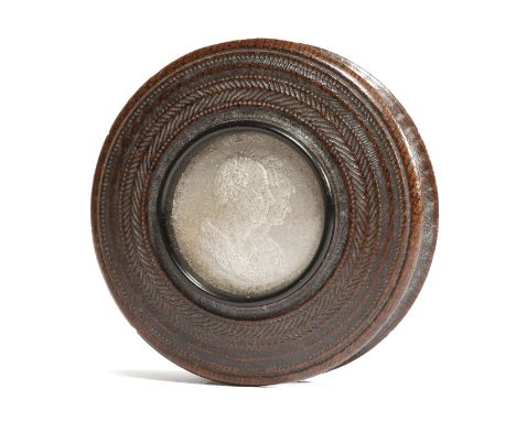 A WILLIAM IV COMMEMORATIVE OAK SNUFF BOX C.1831 with bands of engine turned decoration, the pull-off lid with a glazed panel 