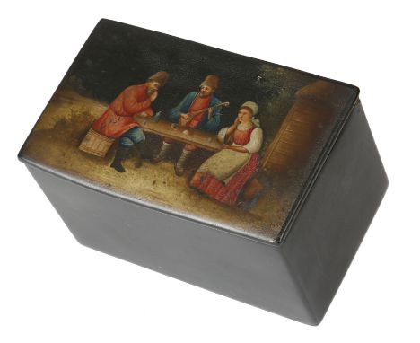 A RUSSIAN BLACK LACQUER PAPIER-MACHE TEA CADDY BY VISHNIAKOV, LATE 19TH CENTURY the hinged lid painted with peasant figures s