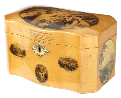 AN EDWARDIAN SCOTTISH SYCAMORE MAUCHLINE WARE TEA CADDY BY SMITH EARLY 20TH CENTURY with transfer printed topographical scene