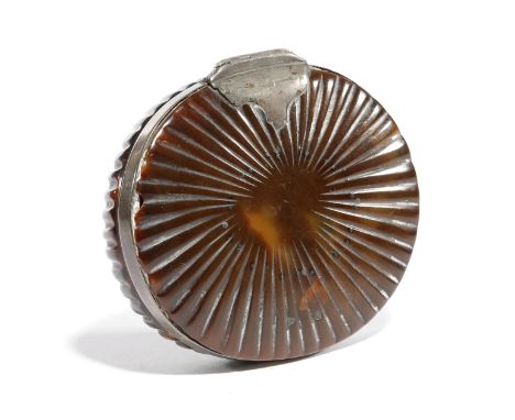 λ A QUEEN ANNE TORTOISESHELL AND SILVER MOUNTED SNUFF BOX EARLY 18TH CENTURY of oval clam shell shape with a ribbed lid and b