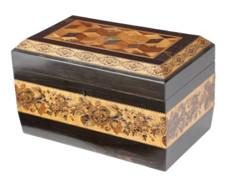 λ AN EARLY VICTORIAN TUNBRIDGE WARE AND EBONY TEA CADDY ATTRIBUTED TO THOMAS BARTON, C.1840-50 of sarcophagus shape, decorate