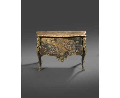 A FRENCH 'COROMANDEL' LACQUER AND EBONISED COMMODE IN LOUIS XV STYLE AFTER BERNARD II VAN RISENBURGH, 19TH CENTURY with ormol
