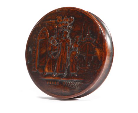 λ A FRENCH PRESS BURR MAPLE SNUFF BOX C.1800 the pull-off lid decorated with a monk giving money to a man and woman, with Got