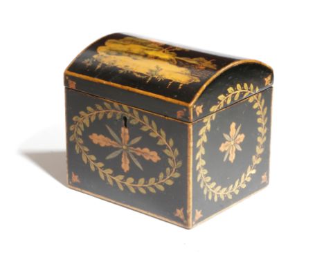 AN EBONISED AND PAINTED TEA CADDY 19TH CENTURY the domed lid decorated with a house beside a lake, the front, back and sides 