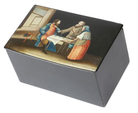 A RUSSIAN BLACK LACQUER PAPIER-MACHE TEA CADDY BY VISHNIAKOV, LATE 19TH CENTURY the hinged lid painted with an interior scene