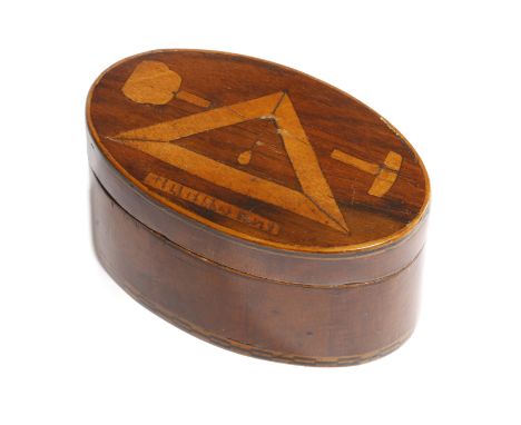 A 19TH CENTURY WALNUT OVAL MASONIC SNUFF BOX C.1860-70 inlaid with ebonised and boxwood stringing and chequer banding, the pu