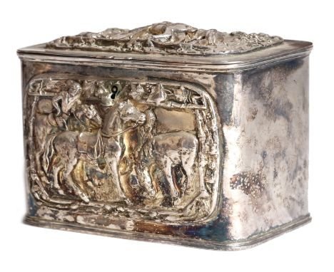 A VICTORIAN ELECTROPLATED TEA CADDY C.1870-80 the hinged lid relief decorated with a groom accompanied by a dog with three ho