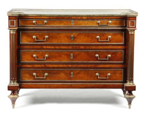 A FRENCH DIRECTOIRE MAHOGANY BREAKFRONT COMMODE LATE 18TH / EARLY 19TH CENTURY with brass mounts, the white marble top with a