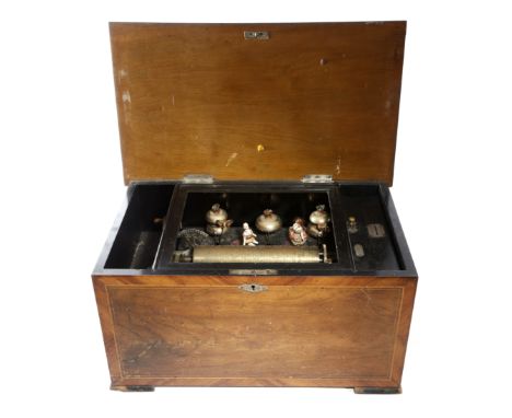 A SWISS WALNUT 'BELLS INSIGHT' MUSICAL BOX LATE 19TH CENTURY with a nine and a half inch brass cylinder and five bells, with 