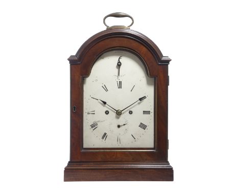 A GEORGE III MAHOGANY BRACKET CLOCK C.1780-90 the brass eight day twin fusee movement with a verge escapement, striking on a 