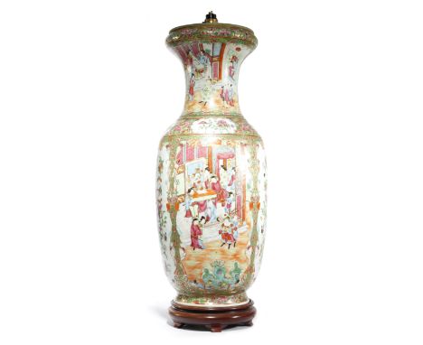 A CHINESE CANTON PORCELAIN VASE TABLE LAMP 19TH CENTURY famille rose decorated with panels of figures and interior scenes, bi