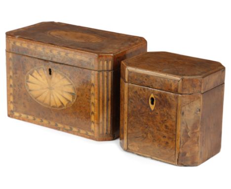 A GEORGE III BURR YEW TEA CADDY C.1790-1800 of canted form and inlaid with stringing, with a vacant interior, together with a