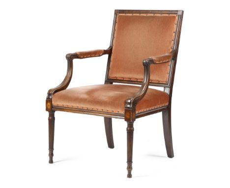 A MAHOGANY OPEN ARMCHAIR AFTER THOMAS CHIPPENDALE JUNIOR LATE 19TH CENTURY the moulded frame inlaid with a flower and fan pat