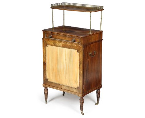 λ A REGENCY ROSEWOOD SIDE CABINET IN THE MANNER OF JOHN MCLEAN, C.1810 with gilt brass mouldings, the raised back with a bras